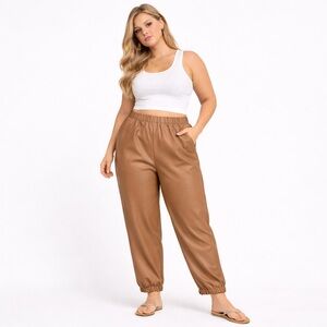 Luna Allegra faux leather Camel baggy comfortable elastic waist & bottoms Large